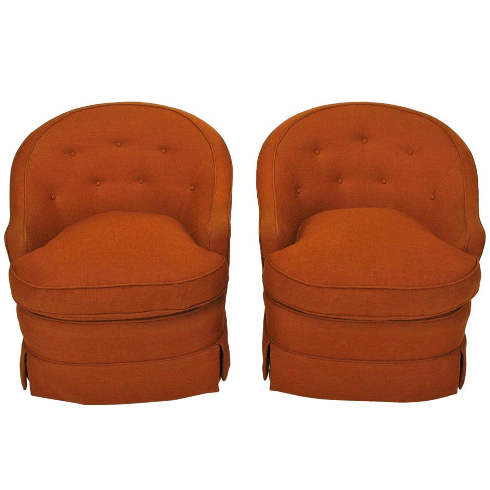 Pair of Burnt Umber Button Tufted Wool Swivel Chairs