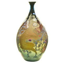 Italian Acid Etched and Hand-Painted Abstract Smoked Glass Vase