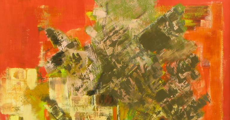 Vibrante caqui, marrón y carmesí Acrílico abstracto sobre cartulina Firmado Estadounidense en venta