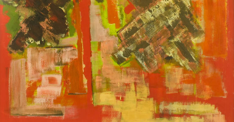 Vibrante caqui, marrón y carmesí Acrílico abstracto sobre cartulina Firmado mediados del siglo XX en venta