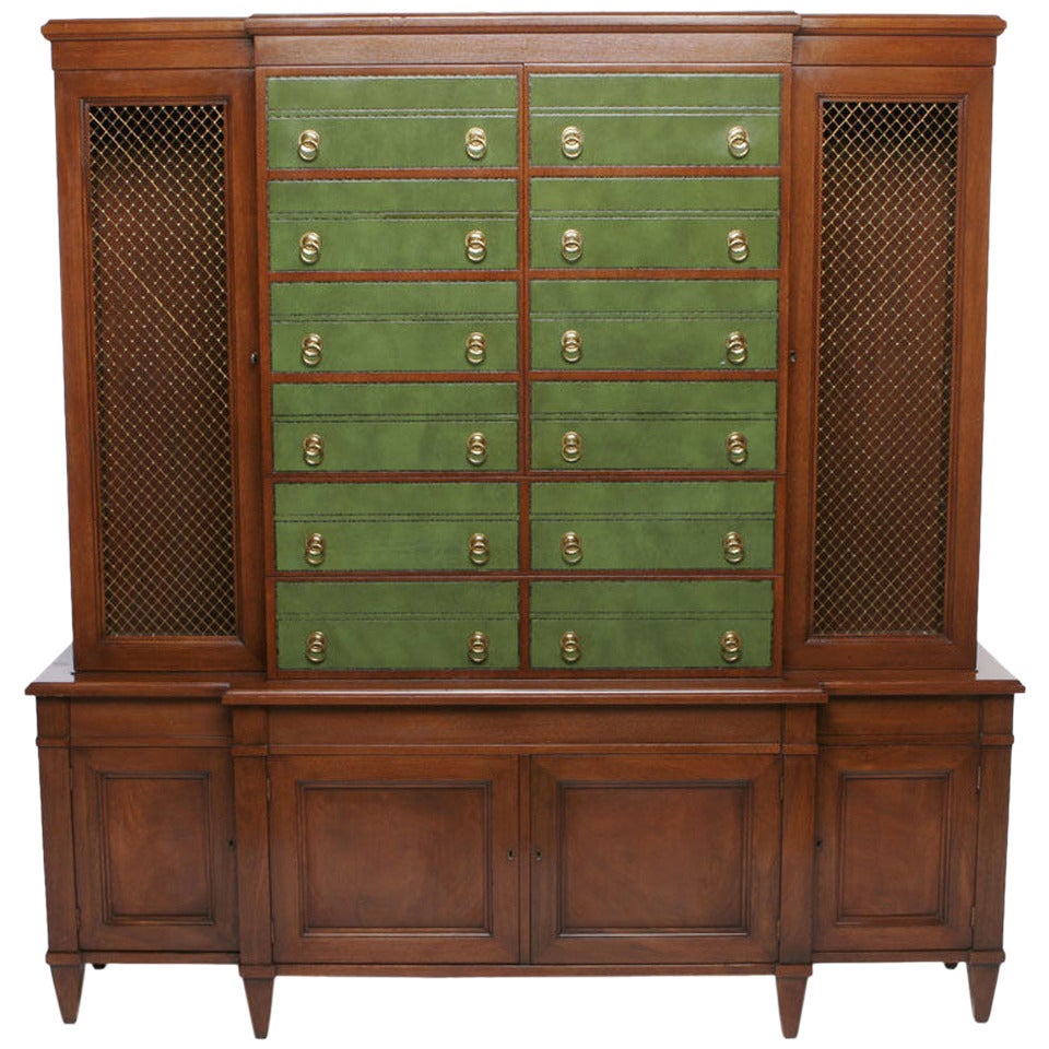 Renzo Rutili Green Leather and Mahogany Breakfront Library Cabinet with Desk