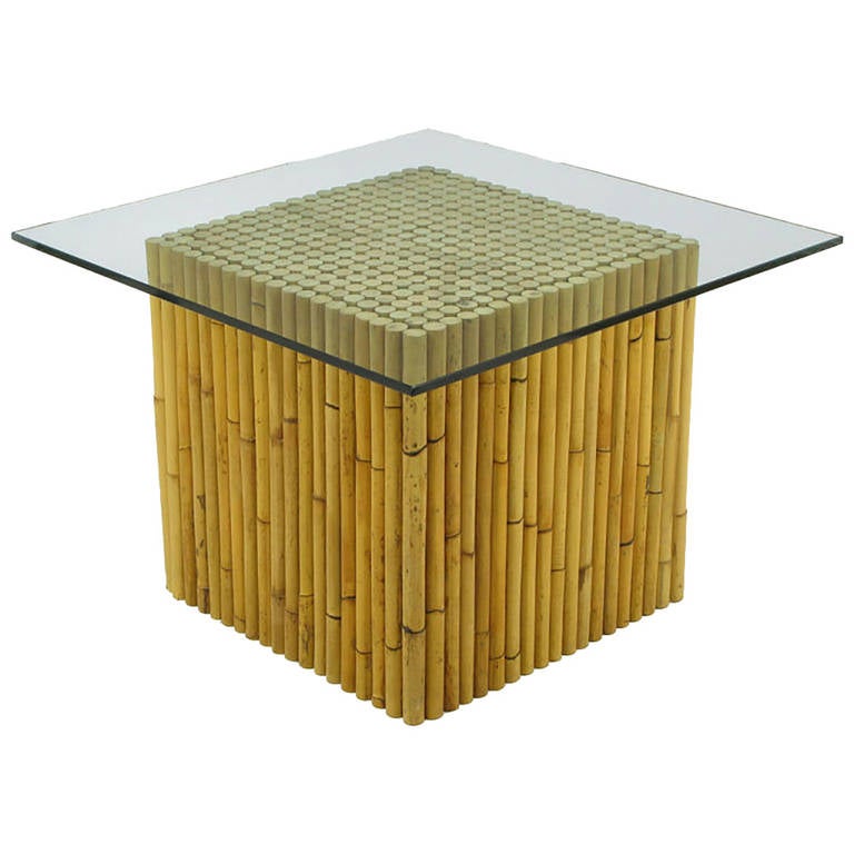 Reeded Bamboo Cube and Glass End Table