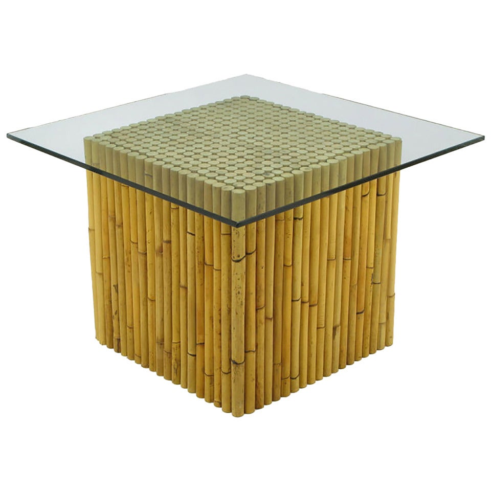 Reeded Bamboo Cube and Glass End Table