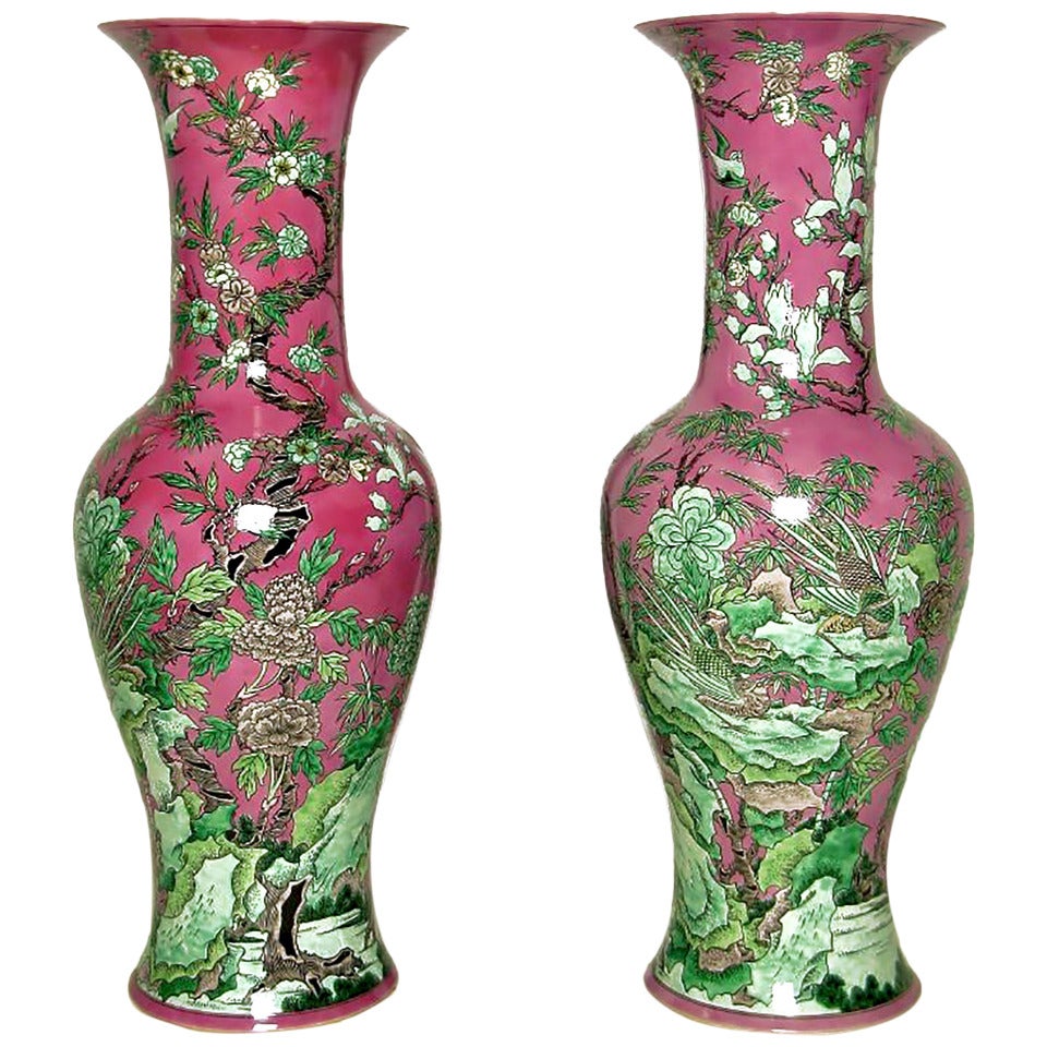 Pair of Fuschia and Celadon Porcelain Chinese Floor Vases