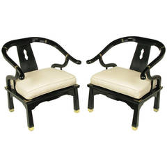 Pair of Black Lacquer and Linen Asian Style Lounge Chairs