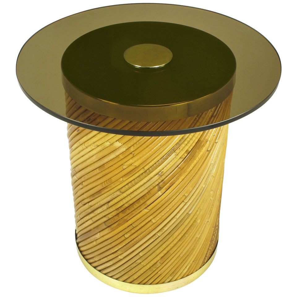 Reeded Bamboo and Brass Smoked Glass Side Table