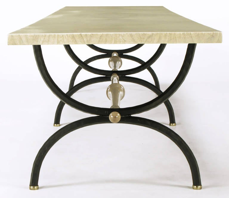 Tomlinson Driftwood Glazed Coffee Table with Triple-Curule Forged Iron Base In Excellent Condition For Sale In Chicago, IL