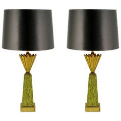 Pair of Stiffel Brass Crown and Sage Lacquer Obelisk Table Lamps 3