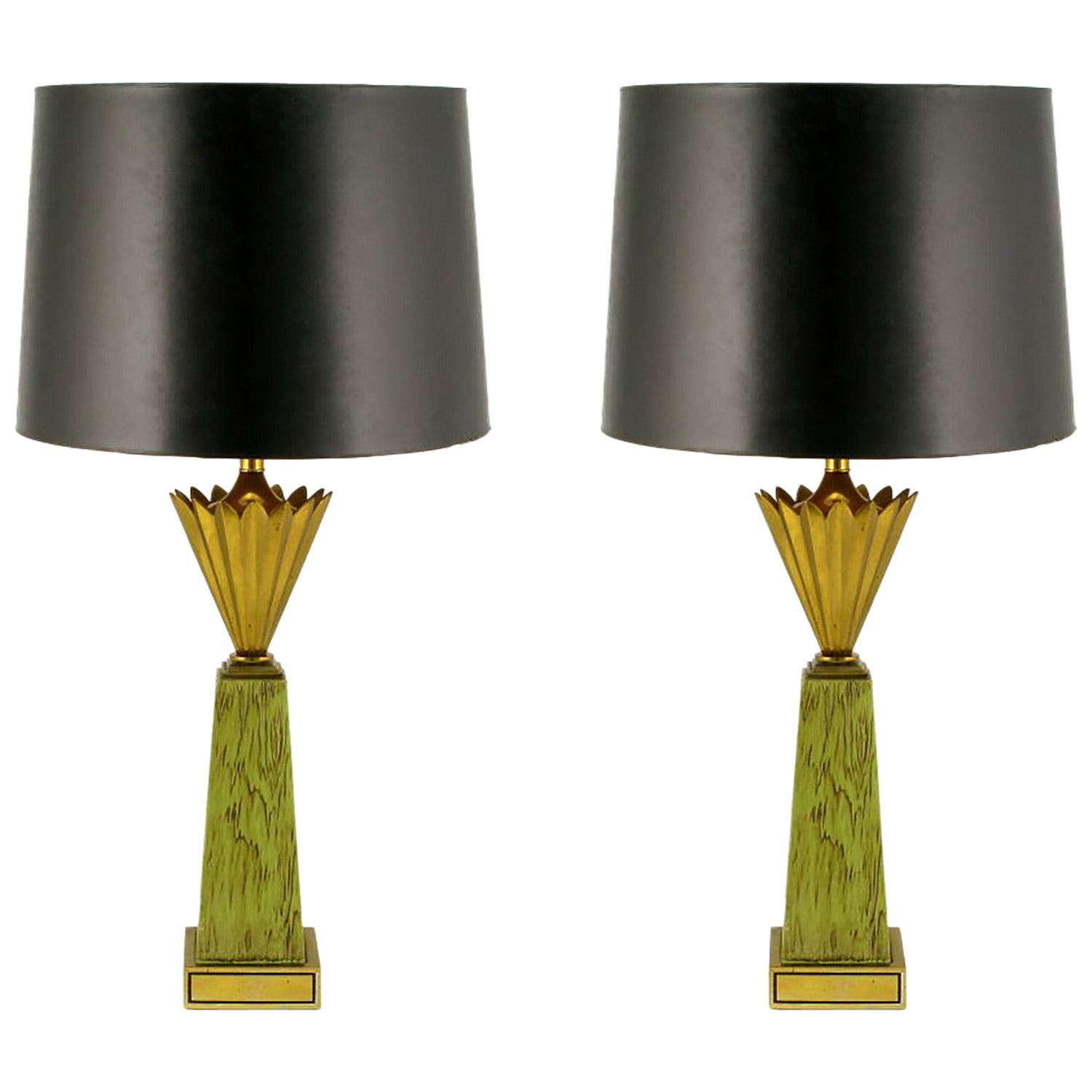 Pair of Stiffel Brass Crown and Sage Lacquer Obelisk Table Lamps For Sale