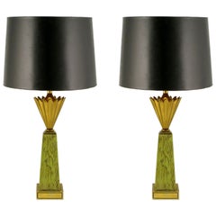 Pair of Stiffel Brass Crown and Sage Lacquer Obelisk Table Lamps