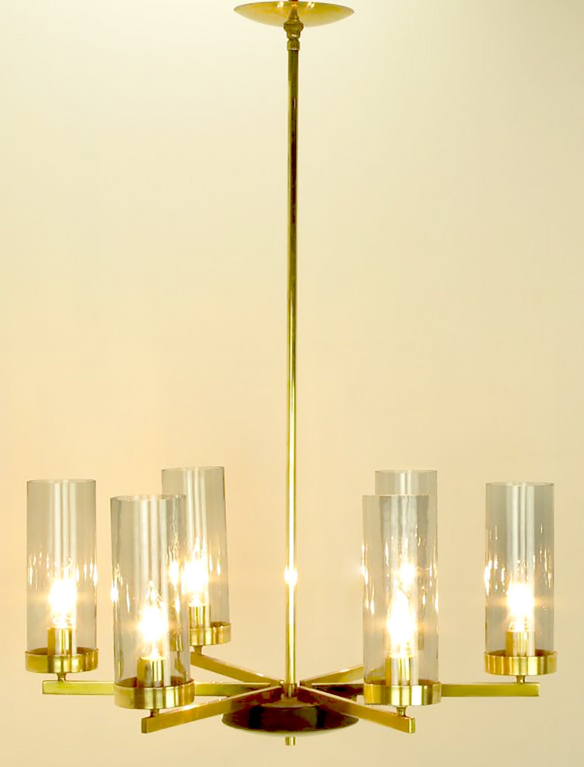 Brass and Black Lacquer SixLight Chandelier with Hurricane Shades For