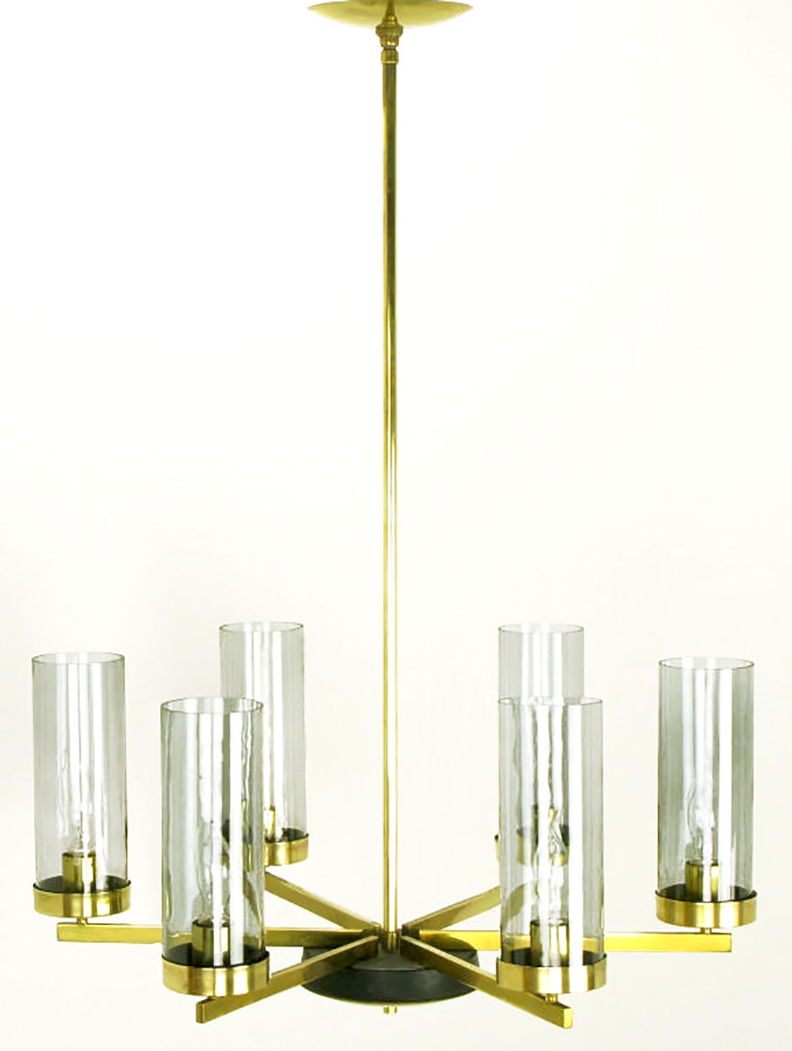 Brass and Black Lacquer SixLight Chandelier with Hurricane Shades For