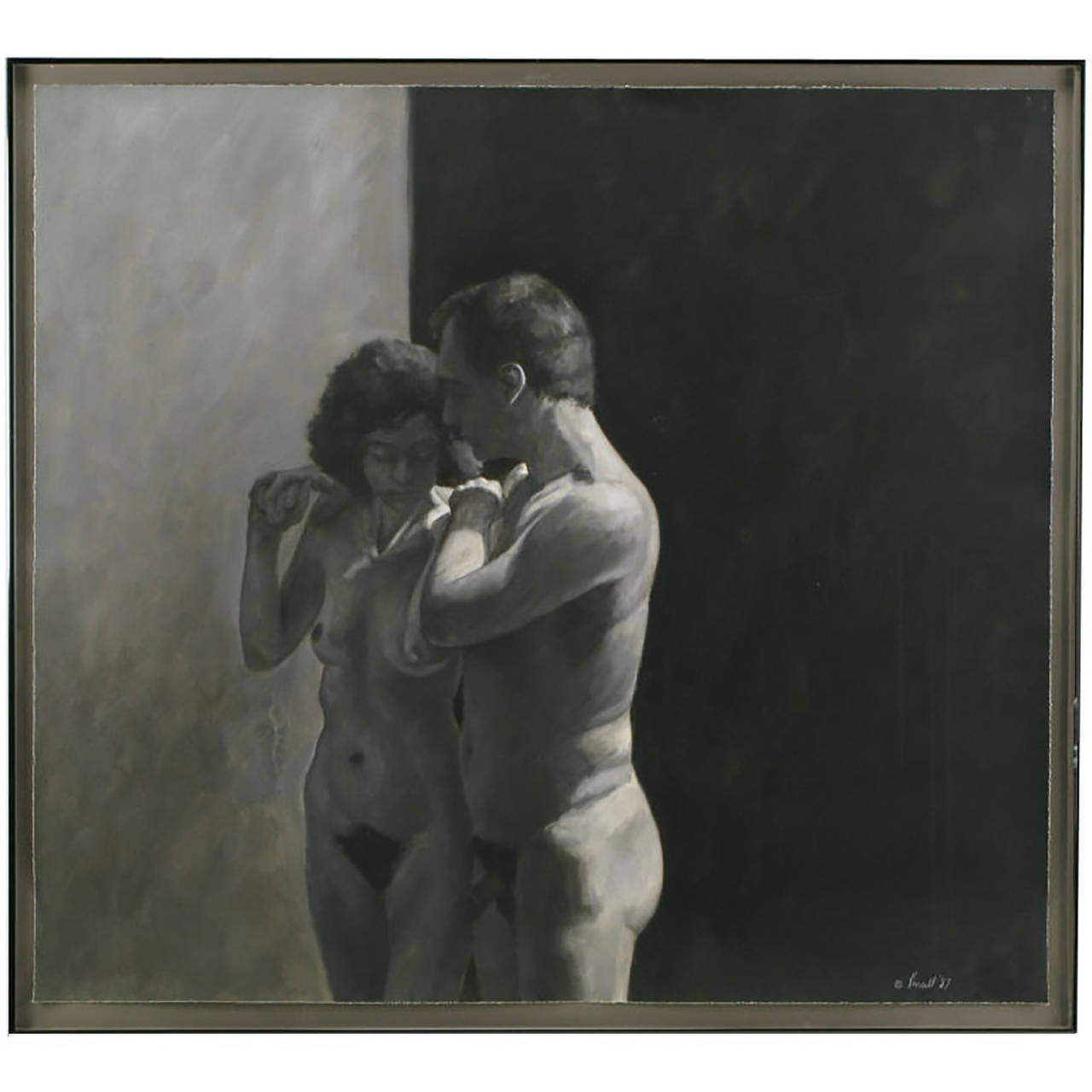Gouache painting with charcoal drawing of a nude man and woman in a gallery style brushed gunmetal frame, signed Kinsell, 1987.

Dimensions inside frame: H 42