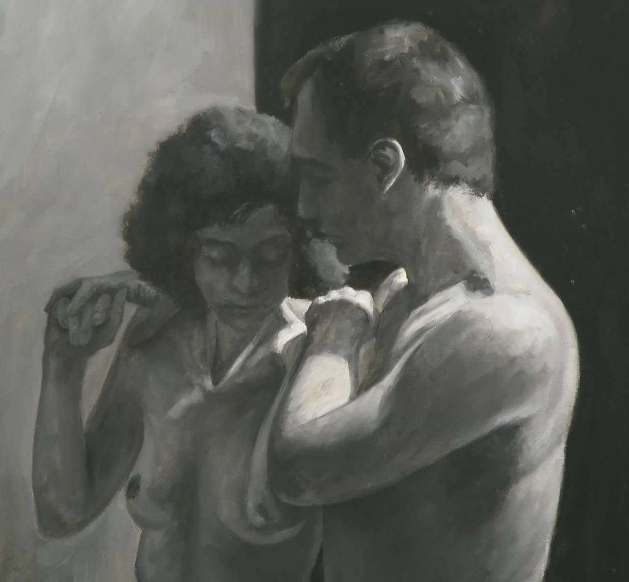 American Robert Kinsell Charcoal and Gouache of Nude Couple