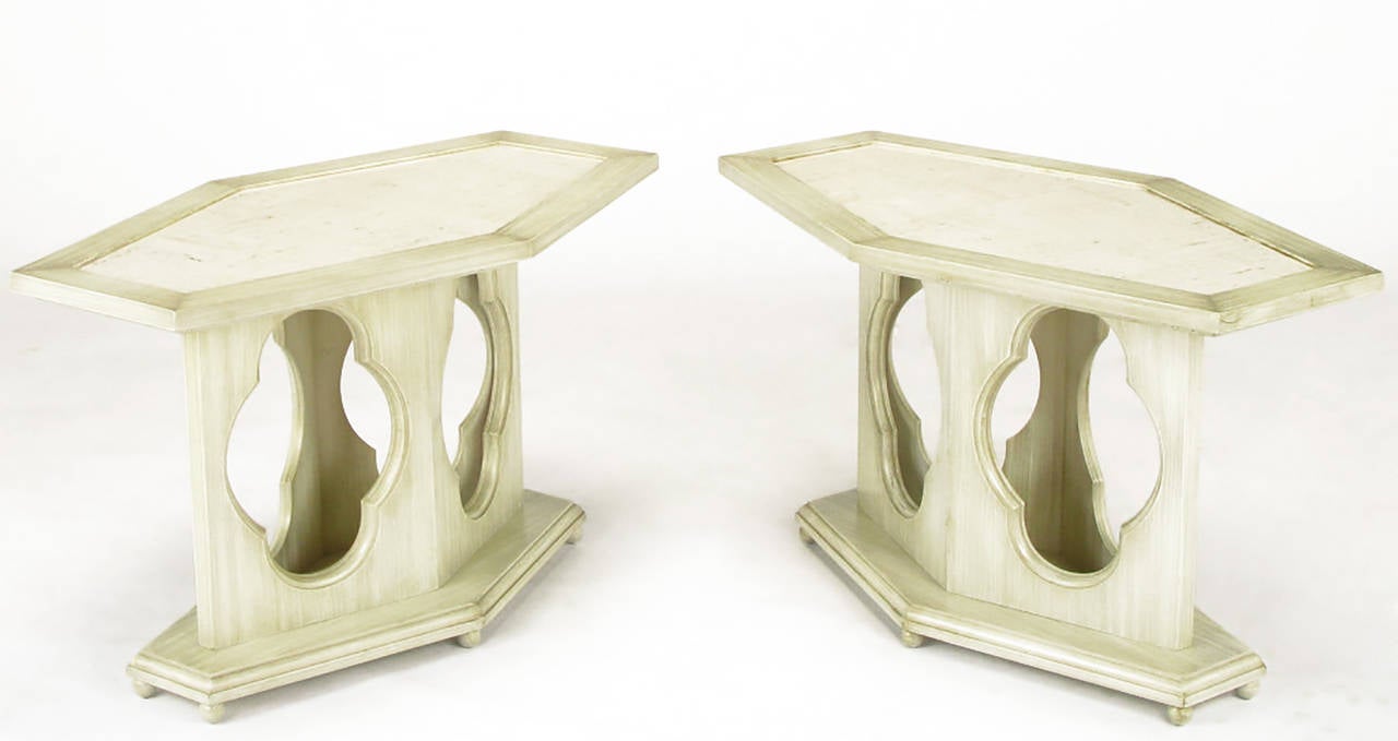 Pair of Moorish Style Glazed Ivory Lacquer and Travertine Hexagonal Side Tables