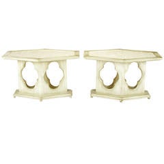 Pair of Moorish Style Glazed Ivory Lacquer and Travertine Hexagonal Side Tables