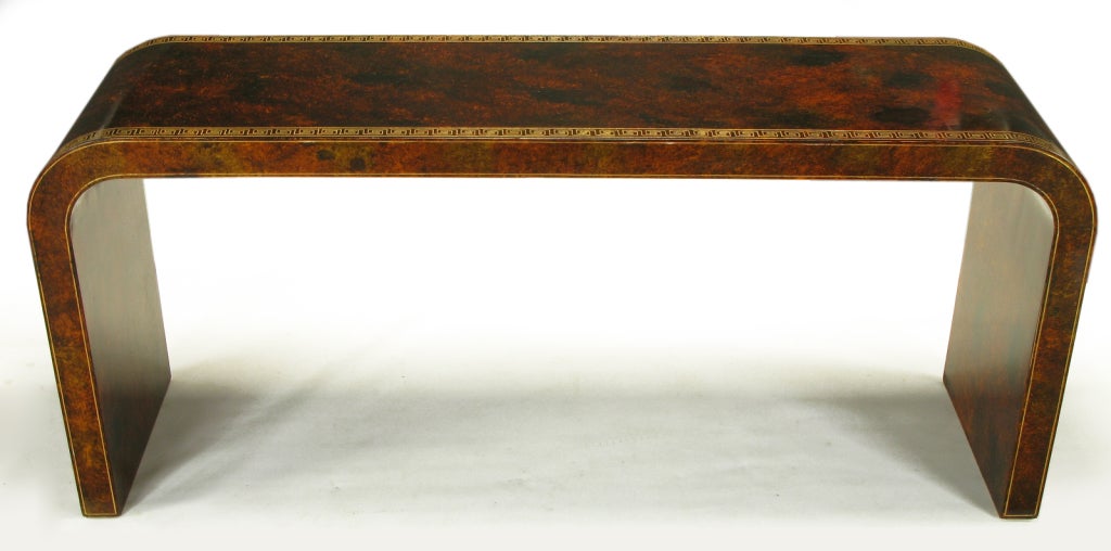 American Signed Lacquered Waterfall Console Table With Greek Key Design