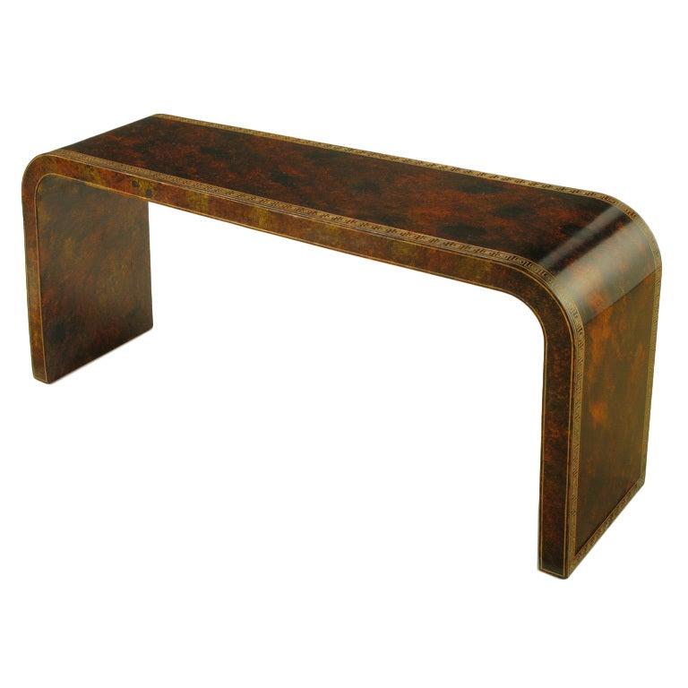 Signed Lacquered Waterfall Console Table With Greek Key Design