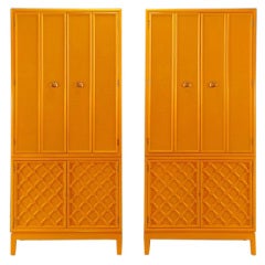 Pair Tall Tangerine Lacquer Two-Piece Cabinets