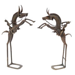 Paire de sculptures en bronze de guerriers équestres africains Dogon