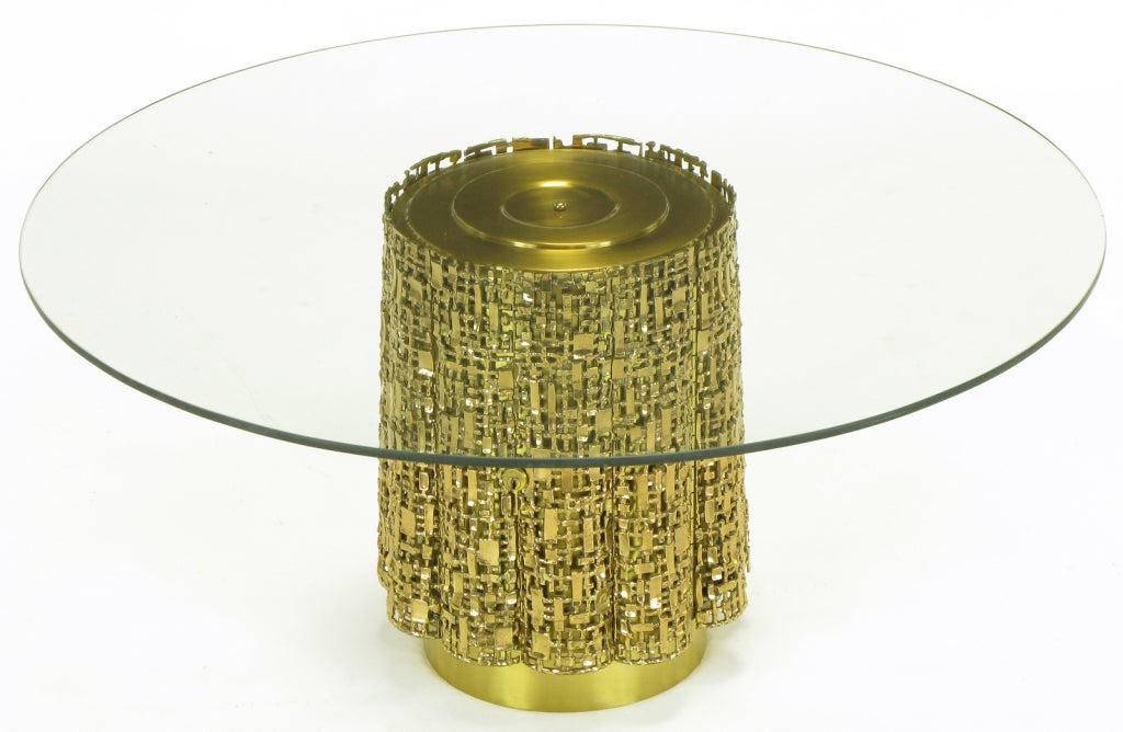 Mid-20th Century Coffee Table With Base Of Solid Brass Abstract Relief Panels