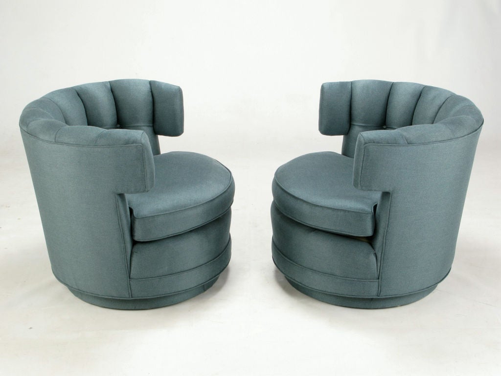 American Pair Cadet Blue Button-Tufted Swiveling Barrel Chairs