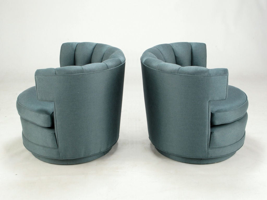 Mid-20th Century Pair Cadet Blue Button-Tufted Swiveling Barrel Chairs