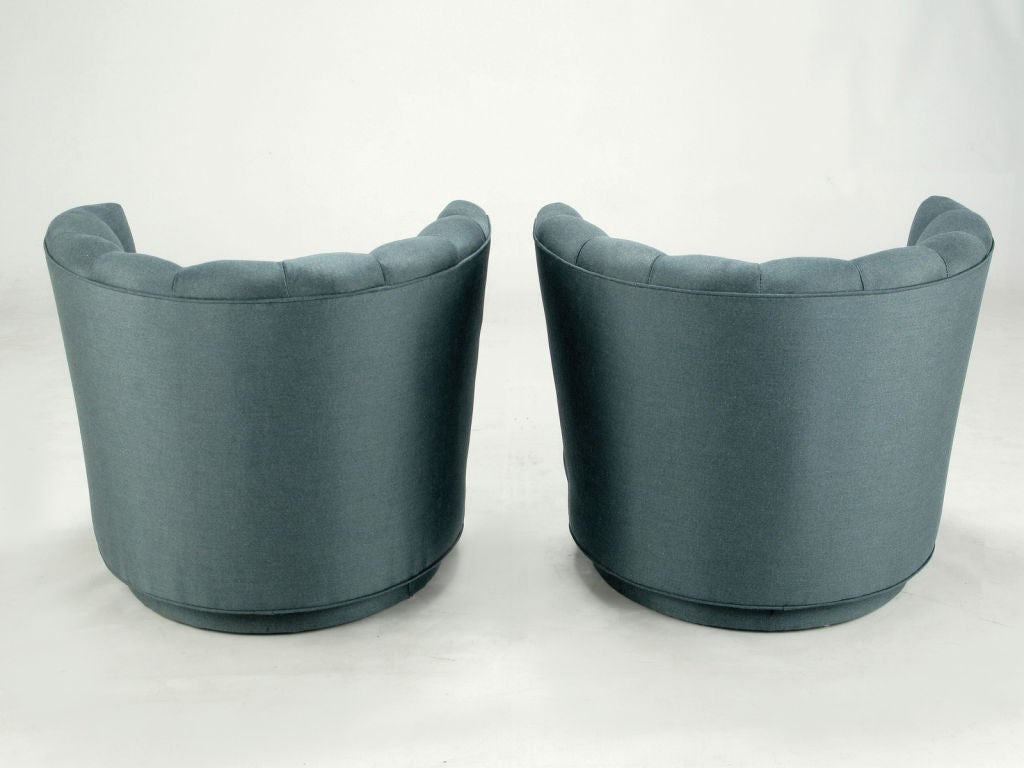 Wood Pair Cadet Blue Button-Tufted Swiveling Barrel Chairs