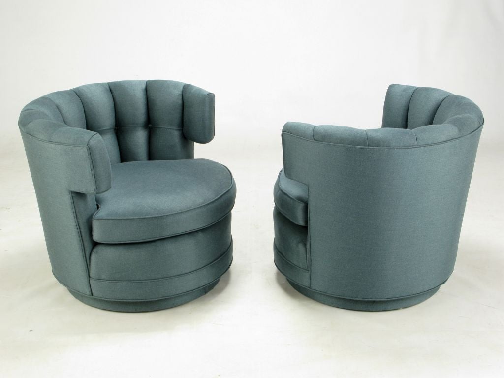 Pair Cadet Blue Button-Tufted Swiveling Barrel Chairs 1