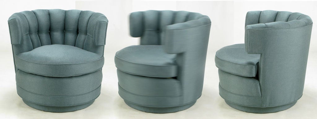 Pair Cadet Blue Button-Tufted Swiveling Barrel Chairs 4