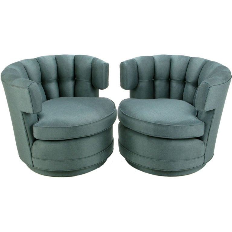 Pair Cadet Blue Button-Tufted Swiveling Barrel Chairs