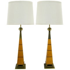 Pair Stiffel Walnut & Brass Obelisk Table Lamps