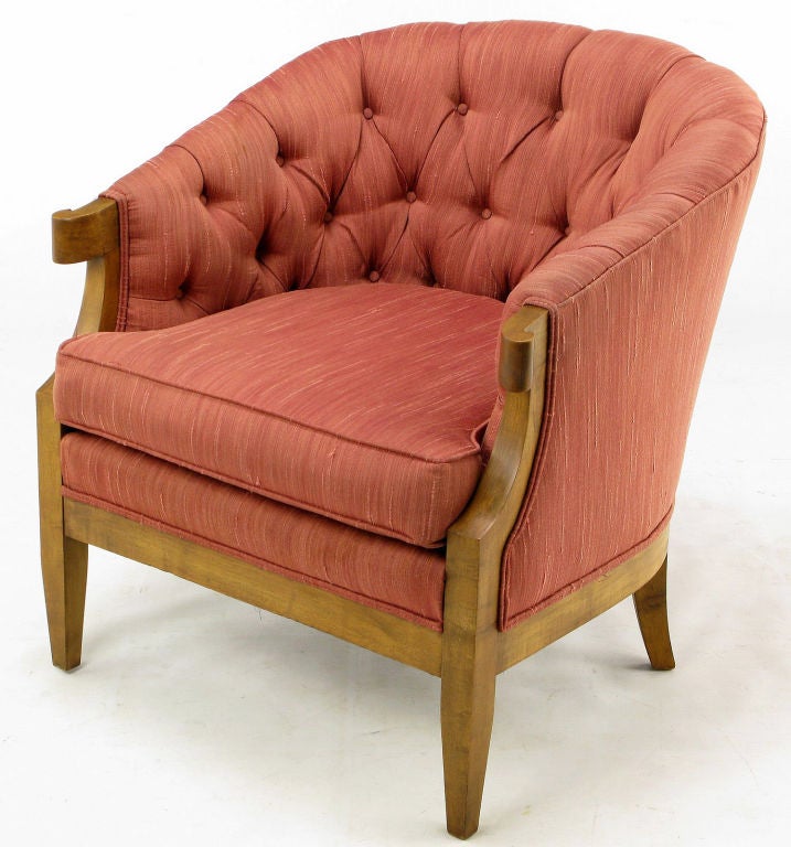 Baker Button Tufted Rose Silk & Walnut Club Chair