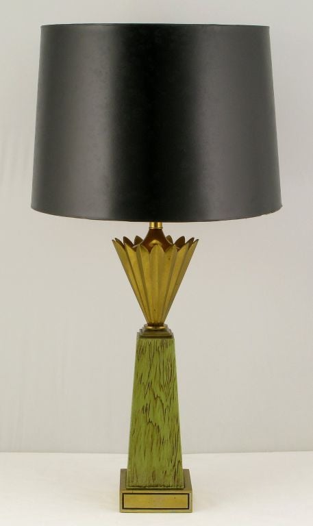 Pair Stiffel Brass Crown & Sage Lacquer Obelisk Table Lamps