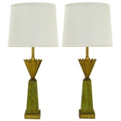 Pair Stiffel Brass Crown & Sage Lacquer Obelisk Table Lamps