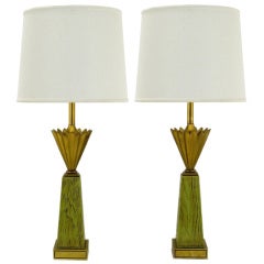 Pair Stiffel Brass Crown & Sage Lacquer Obelisk Table Lamps