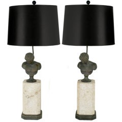 Neoclassical Table Lamps Of Coral Stone & Bronze Grecian Busts