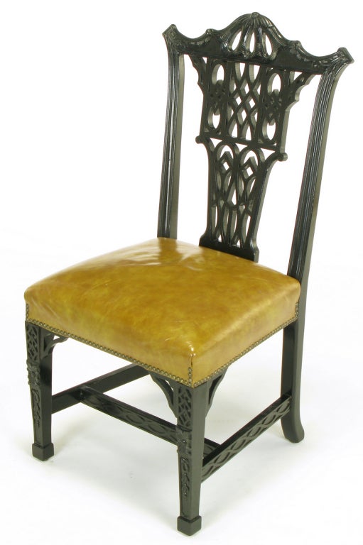 American Eight Chinese Chippendale Dining Chairs With Leather Seats