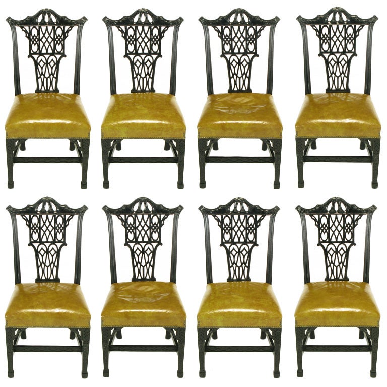 Eight Chinese Chippendale Dining Chairs With Leather Seats