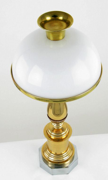 American John Dickinson Style Brass, Steel and Milk Glass Lamp For Sale