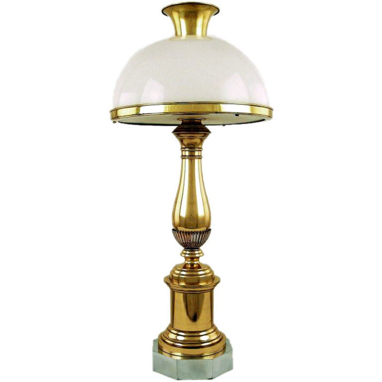 John Dickinson Style Brass, Steel and Milk Glass Lamp