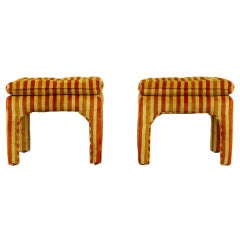 Pair Button-Tufted Striped Velvet Stools 5