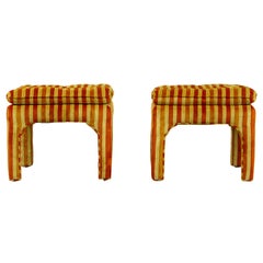 Vintage Pair Button-Tufted Striped Velvet Stools