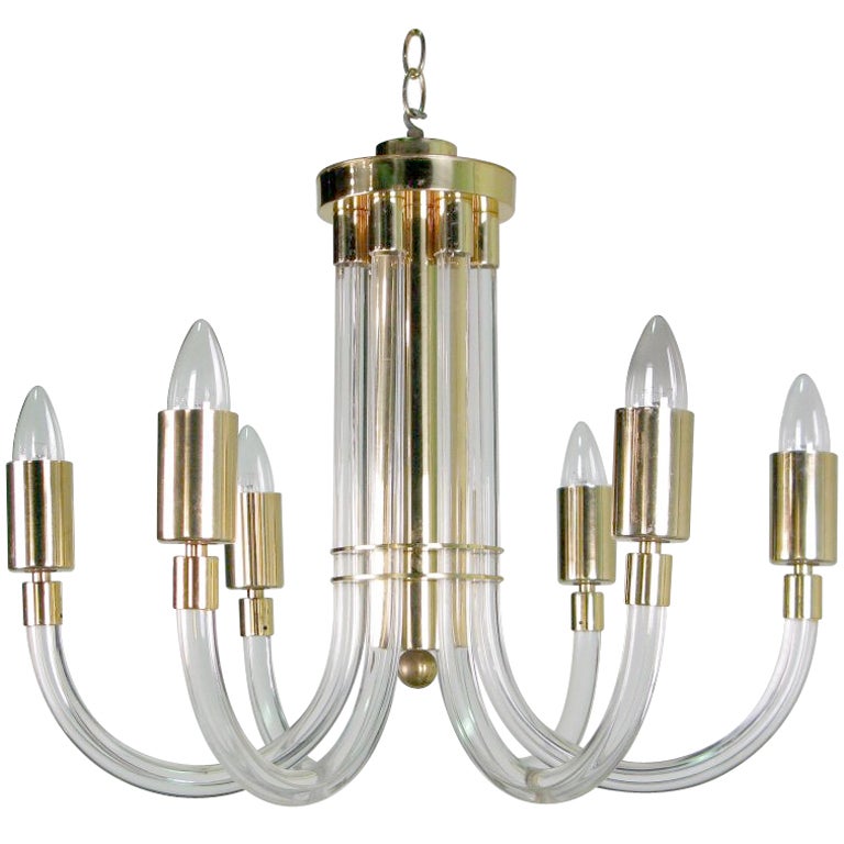 Peter Hamburger Brass and Acrylic Six-Arm Chandelier For Sale