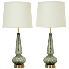 Pair Hand Blown Smoked Spiral Murano Glass Table Lamps
