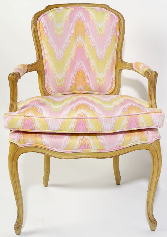 French Pair 1940s Louis XV Style Flame Stitch Upholstered Fauteuils
