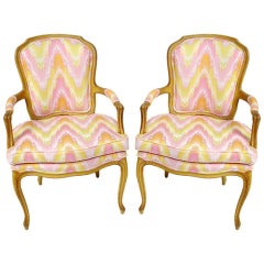 Pair 1940s Louis XV Style Flame Stitch Upholstered Fauteuils