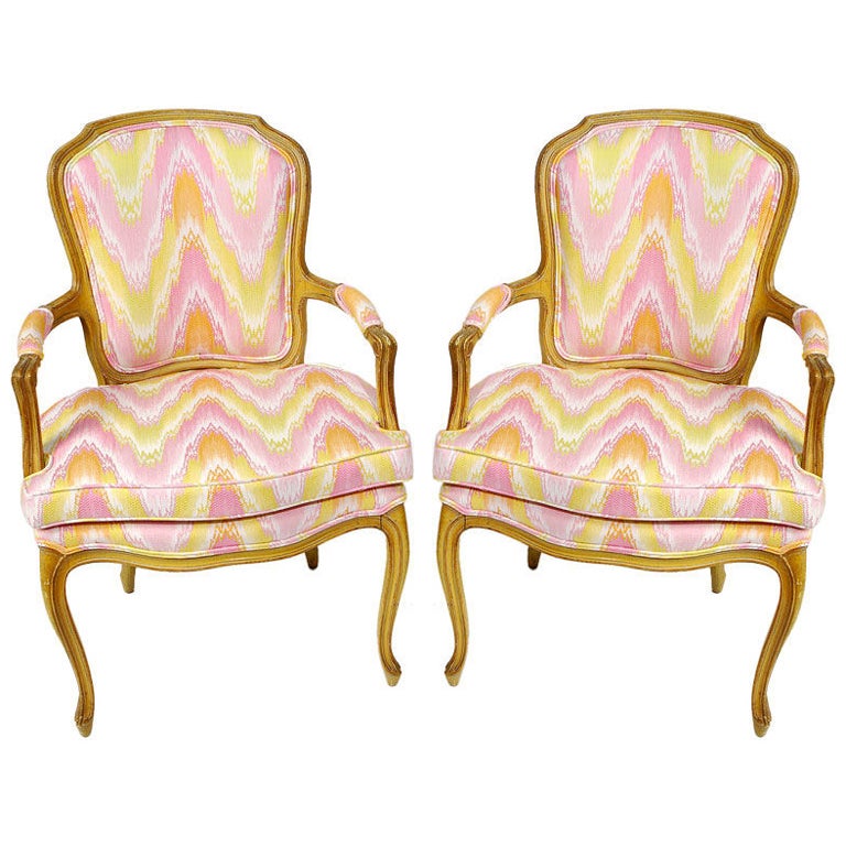 Pair 1940s Louis XV Style Flame Stitch Upholstered Fauteuils