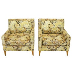 Pair Baker Club Chairs Upholstered In Mod Imari Print