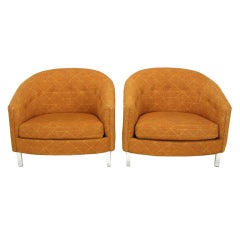 Pair Button Tufted Umber Geometric Barrel Lounge Chairs